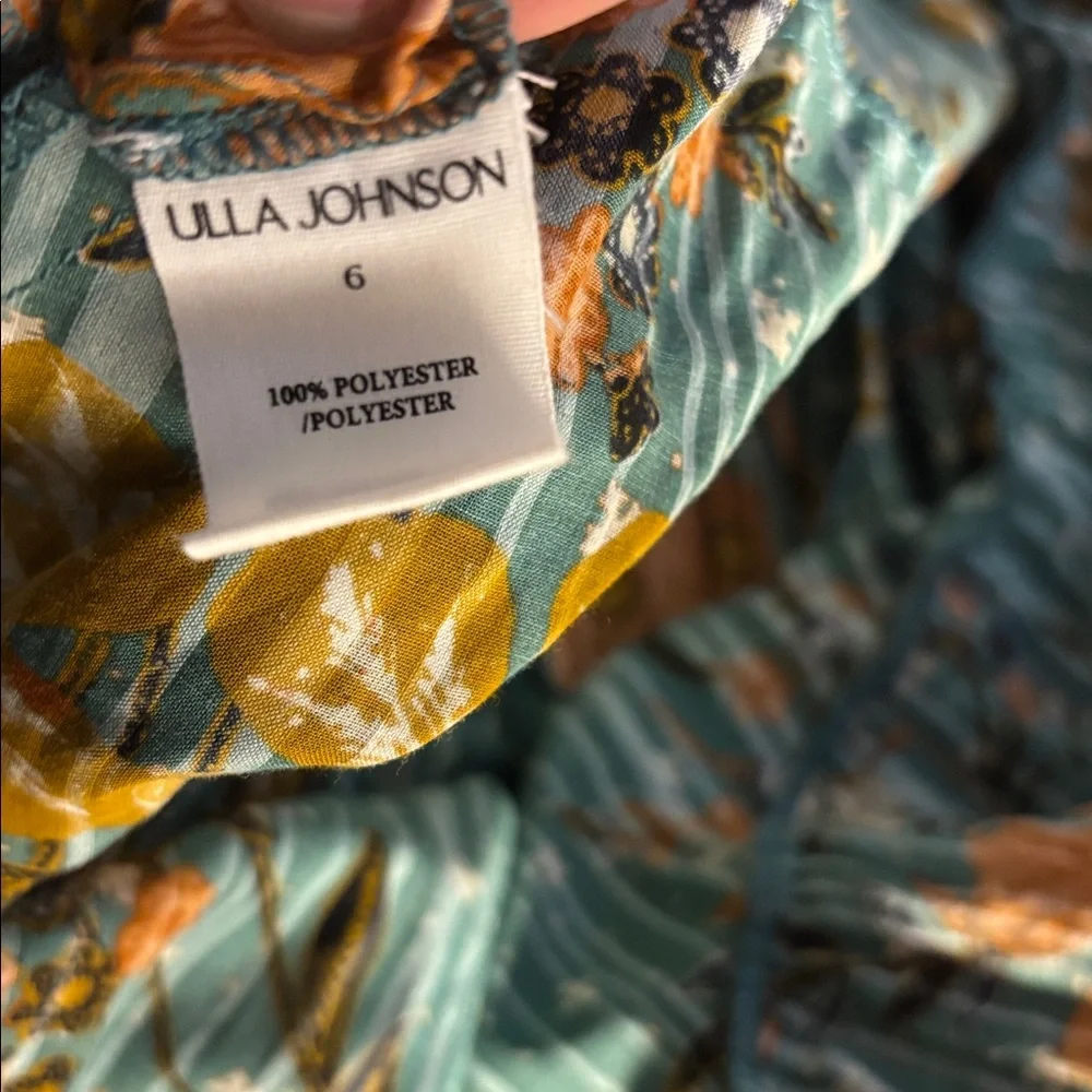 Ulla Johnson Teal Floral Tiered Maxi Dress with Mustard & Brown Trim - Picture 6 of 8